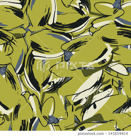 Repeating abstract floral brushstroke pattern with olive green, cream, black, and slate blue shapes, creating bold modern decorative surface for wallpaper, textile, wrapping, and contemporary design. Repeating abstract floral brushstroke pattern with olive green, cream, black, and slate blue shapes, creating bold modern decorative surface for wallpaper, textile, wrapping, and contemporary design. 143859914