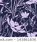 Abstract floral pattern with flowing brush style blossoms and leaves in soft lavender on deep navy background, creating elegant seamless surface design for fabric, wallpaper, wrapping paper, and decor 143861836