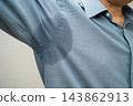 Man with sweaty arm pit on shirt when working in office, Hyperhidrosis sweating. 143862913