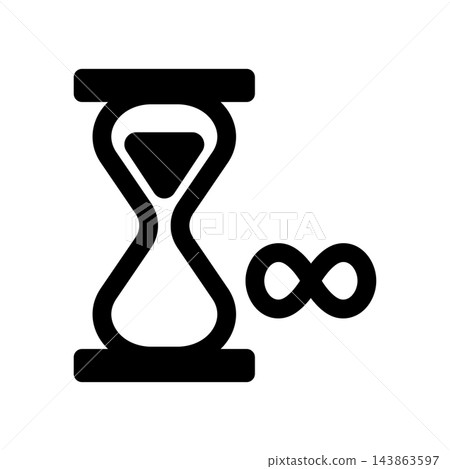 A simple icon featuring an hourglass and an infinity symbol. 143863597