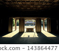The view of the shrine grounds from the main hall and the sunlight filtering through the trees. 143864477