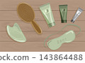 Flat lay cosmetic cream tubes with wellness care accessories on wooden table. Cozy eco winter skin care products vector banner background layout 143864488