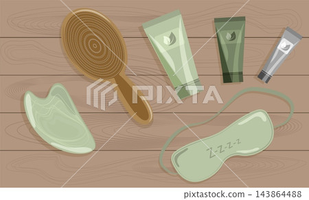 Flat lay cosmetic cream tubes with wellness care accessories on wooden table. Cozy eco winter skin care products vector banner background layout 143864488