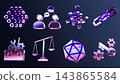 Neon glass business and technology 3D icon set. AI data cube, chatting people, chain link, tool box, scales, key and gears. Teamwork, communication, settings, digital network symbols. 3D illustration 143865584