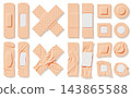 3D set of beige adhesive bandages with perforated texture, smooth and crumpled plaster strips, cross, square and round medical patches isolated. First aid equipment for wound dressing. 3D illustration 143865588