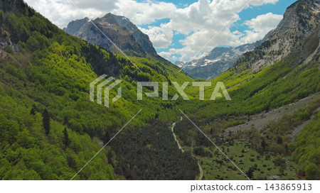 Rocky snow mountains and green valley aerial Rocky snow mountains and green valley aerial 143865913