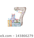 Watercolor Number 7 decorated with balloons, birthday gift boxs and flag garland. Monthly Seven milestone card illustration isolated on transparent background for birthday design. 143866279