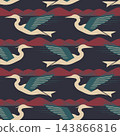 Seamless illustration of stylized flying herons above layered mountain forms, rendered in muted teal, cream and maroon with bold flat shapes and textured details for textiles, wallpaper and decor. 143866816