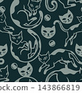 Seamless pattern of stylized cats and fish in muted gray on dark teal background, with playful hand drawn lines, repeating shapes, modern minimal look, suitable for fabric, wallpaper, wrapping paper 143866819