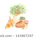 Hand drawn watercolor still life composition with honey jars, honeycomb, rustic bread on wooden board and meadow flowers in ceramic jug. Isolated food illustration for packaging, posters, editorial 143867297