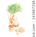 Hand drawn watercolor kitchen illustration of honey jar, bread with butter, cup, butter dish and wildflower bouquet in ceramic jug. Isolated breakfast composition for food packaging and cookbooks. 143867298