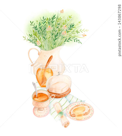 Hand drawn watercolor kitchen illustration of honey jar, bread with butter, cup, butter dish and wildflower bouquet in ceramic jug. Isolated breakfast composition for food packaging and cookbooks. Hand drawn watercolor kitchen illustration of honey jar, bread with butter, cup, butter dish and wildflower bouquet in ceramic jug. Isolated breakfast composition for food packaging and cookbooks. 143867298
