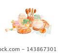 Hand drawn watercolor food illustration of honey jars with fabric covers, bread, butter, wooden utensils and kitchen towel. Rustic still life composition isolated for packaging, branding, cookbooks 143867301
