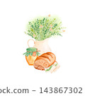 Hand drawn watercolor still life composition with honey jar, bread on wooden board, kitchen towel and wildflower bouquet in ceramic jug. Rustic food illustration isolated for packaging and cookbooks. 143867302