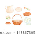 Hand drawn watercolor set of wicker basket, ceramic pitcher, floral plate, wooden board, kitchen towels, napkin and wooden label. Isolated pastel rustic kitchen illustration for packaging, home decor. 143867305