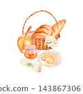 Hand drawn watercolor illustration with bread loaves in wicker basket, honey jars, wooden spoon, buttered toast and striped napkins. Isolated rustic breakfast composition for food packaging, cookbooks 143867306