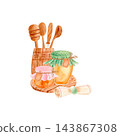 Hand drawn watercolor illustration with honey jars, wooden spoons, dipper, knife, utensil holder, serving board and rolled napkin. Isolated rustic kitchen composition for food packaging, branding. 143867308