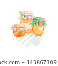Hand drawn cozy watercolor illustration of honey jars with floral fabric covers, twine, tags and blank labels on striped kitchen towel. Isolated pastel food art for packaging, branding and advertising 143867309