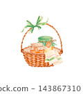 Hand drawn watercolor gift basket with honey jars, floral fabric covers, twine, tags, green bow and striped kitchen towel. Isolated vintage food illustration for packaging, branding, labels and gifts. 143867310