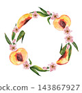 Round watercolor wreath of peaches, pink blossoms and leafy branches with a blank center, for invitations, greeting cards, labels and summer designs 143867927