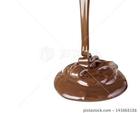 Melting dark chocolate flows closeup isolated on transparent Melting dark chocolate flows closeup isolated on transparent 143868188