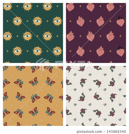 Tattoo flash seamless patterns set of 4 Tattoo flash seamless patterns set of 4 143868348