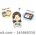 An illustration of a housewife thinking about the difference between best-before dates and expiration dates. 143868356