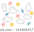 A chubby seal, seashell, and starfish in a stylized, sticker-like illustration. 143868357