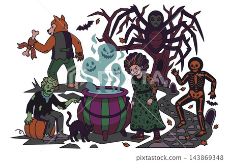 A collection of spooky, cartoon Halloween characters gathering around a steaming, haunted cauldron vector 143869348