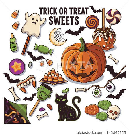 A diverse vector illustration collection of festive Halloween sweets and spooky decorations vector A diverse vector illustration collection of festive Halloween sweets and spooky decorations vector 143869355