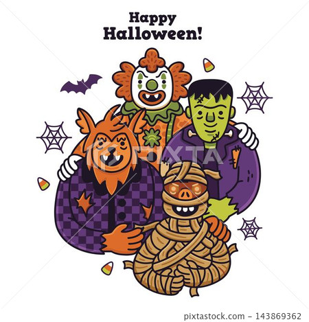 A friendly group of classic monsters celebrating with the Happy Halloween! greeting vector A friendly group of classic monsters celebrating with the Happy Halloween! greeting vector 143869362