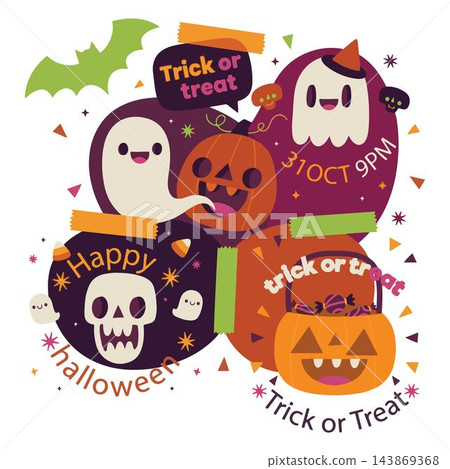A playful collection of flat vector Halloween elements and characters with Trick or Treat text vector A playful collection of flat vector Halloween elements and characters with Trick or Treat text vector 143869368