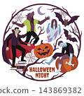 A circular illustration features various horror characters like a werewolf, vampire, and zombies for a Halloween Night theme vector 143869382