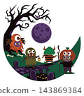 A circular vector scene shows cute monsters and kids in a spooky graveyard at night vector 143869384