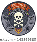 A circular vintage-style badge advertising a Halloween zombie night party 143869385