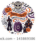 A cohesive circular collection of classic Halloween icons and festive Trick or Treat typography vector 143869386
