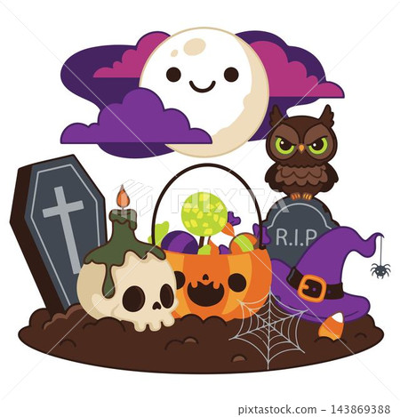 A collection of adorable vector illustrations of classic Halloween symbols against a white background vector 143869388