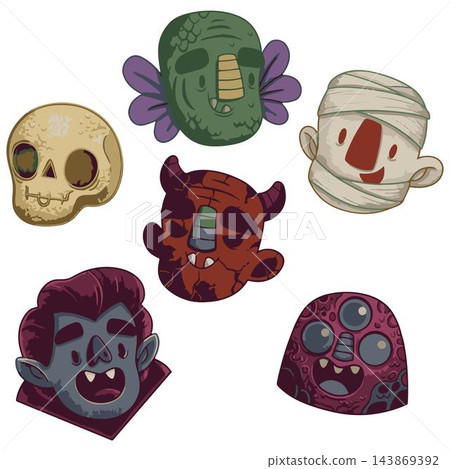 A collection of cute cartoon Halloween monster faces and icons vector A collection of cute cartoon Halloween monster faces and icons vector 143869392