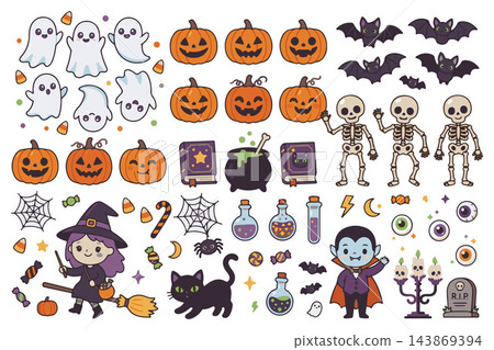 A collection of cute vector illustrations of classic Halloween characters and symbols on a white background vector A collection of cute vector illustrations of classic Halloween characters and symbols on a white background vector 143869394