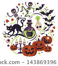 A collection of cute vector illustrations of classic Halloween characters and symbols on a white background  vector 143869396