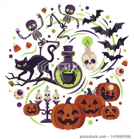 A collection of cute vector illustrations of classic Halloween characters and symbols on a white background vector A collection of cute vector illustrations of classic Halloween characters and symbols on a white background vector 143869396