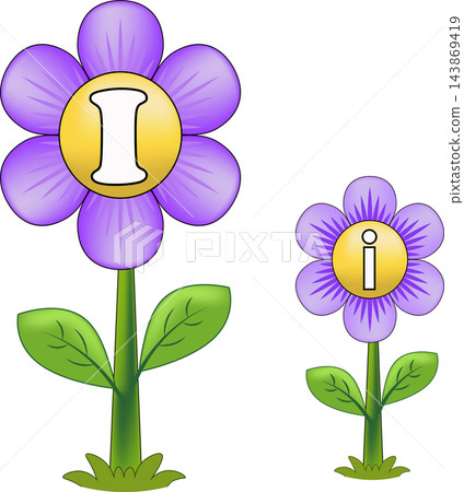 Educational alphabet letter I card set featuring uppercase and lowercase letters on cute purple flowers Educational alphabet letter I card set featuring uppercase and lowercase letters on cute purple flowers 143869419