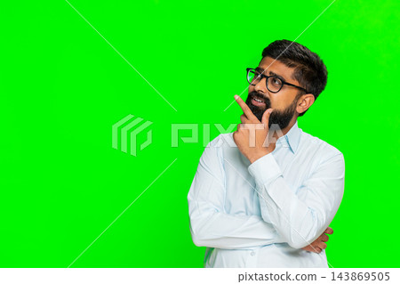 Indian man touching chin with thoughtful face showing idea development thinking process chroma key Indian man touching chin with thoughtful face showing idea development thinking process chroma key 143869505