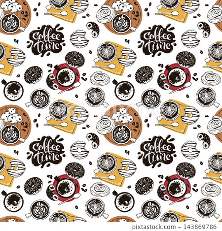 Seamless Coffee Doodle Pattern with Latte Art, Donuts and Lettering. Sweet Breakfast Collection with Pastries on a White Background. Repeat Texture for Fabric, Wallpaper and Wrapping Paper Design. 143869786