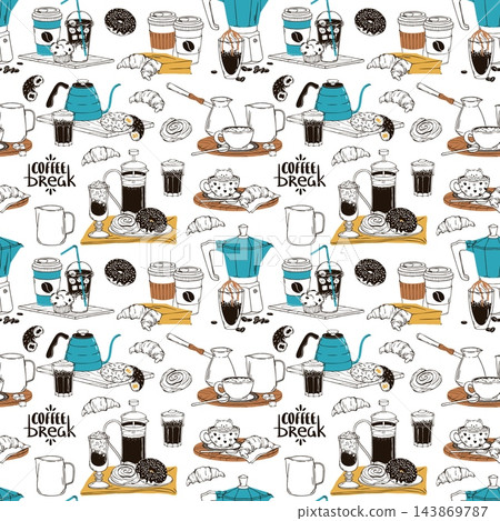 Seamless Coffee Break Doodle Pattern with Moka Pot, Press and Pastries. Brewing Tools and Breakfast Collection on a White Background. Repeat Texture for Fabric, Wallpaper and Wrapping Paper Design 143869787
