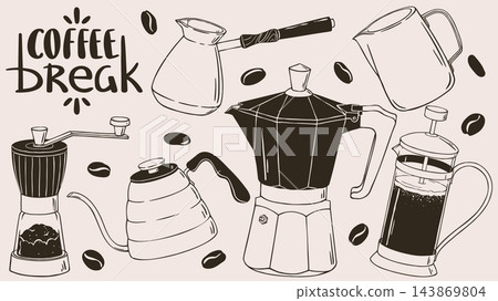 Coffee equipment set doodle vector with grinder, moka pot, french press and cezve. Brewing tools collection isolated on a beige background. Hand drawn sketch outline illustration in black Coffee equipment set doodle vector with grinder, moka pot, french press and cezve. Brewing tools collection isolated on a beige background. Hand drawn sketch outline illustration in black 143869804
