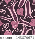 Decorative abstract floral pattern with flowing pink and mauve leaf shapes on dark plum background, designed as seamless wallpaper textile motif for packaging, decor, wrapping, and surface design. 143870671