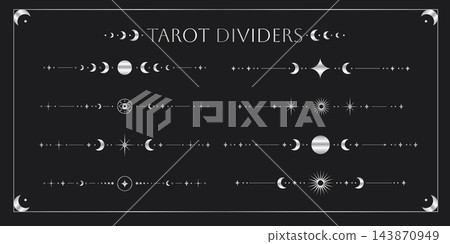Silver lunar tarot dividers and separators with moon stars and symbols Silver lunar tarot dividers and separators with moon stars and symbols 143870949