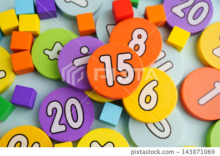 Number wood block cubes for learning Mathematic, education math concept. Number wood block cubes for learning Mathematic, education math concept. 143871069