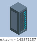 Isometric illustration of a modern server rack, containing various network servers and illuminated status indicators. 143871157